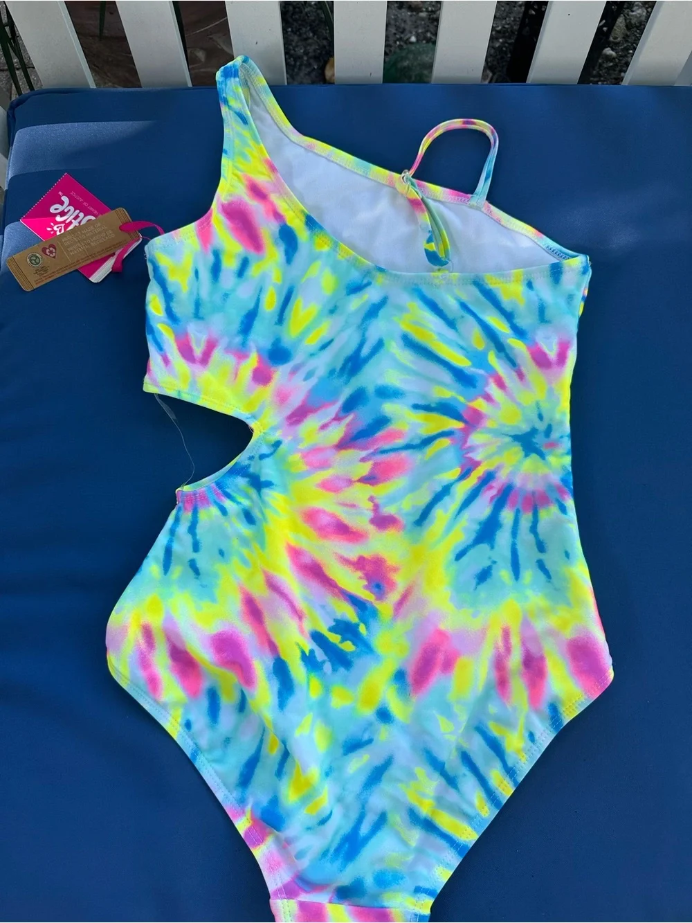 NWT Justice Tie-Dye One-Shoulder Swimsuit in Neon Blue, Yellow & Pink Size 12-14